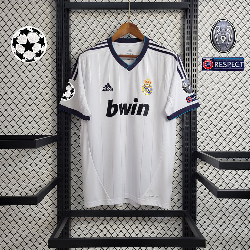 Camisa Real Madrid I 12/13 Retrô Masculina com Patchs (Sob encomenda)