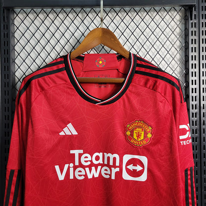 Camisa Manchester United I 23/24 Torcedor Manga Longa (Sob encomenda)