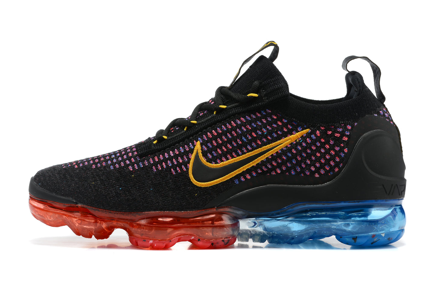 Tênis Nike Air VaporMax 2021 Flyknit Black Photo Blue Crimson Gold (Sob encomenda)