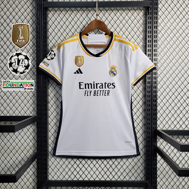 Camisa Real Madrid I 23/24 Feminina com Patchs (Sob encomenda)