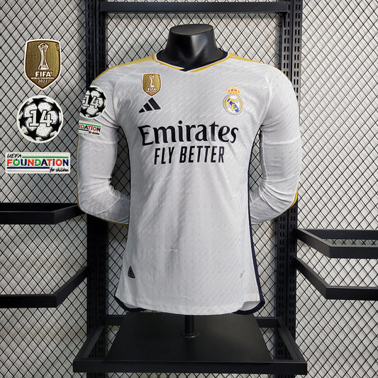 Camisa Real Madrid I 23/24 Jogador Manga Longa com Patchs (Sob encomenda)