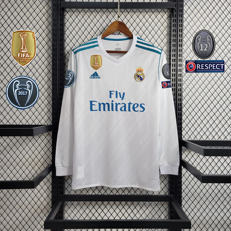 Camisa Real Madrid I 17/18 Retrô Manga Longa com Patchs (Sob encomenda)