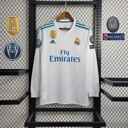 Camisa Real Madrid I 17/18 Retrô Manga Longa com Patchs (Sob encomenda)