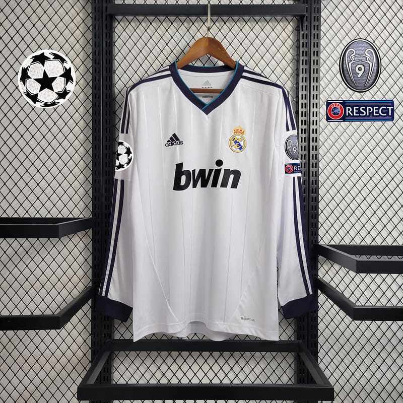 Camisa Real Madrid I 12/13 Retrô Manga Longa com Patchs (Sob encomenda)