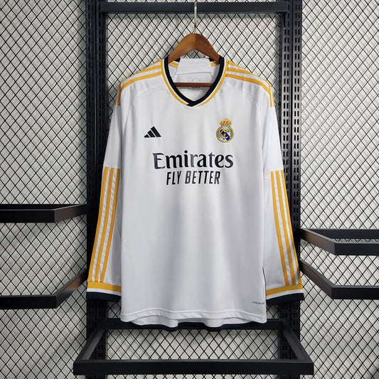 Camisa Real Madrid I 23/24 Torcedor Manga Longa (Sob encomenda)